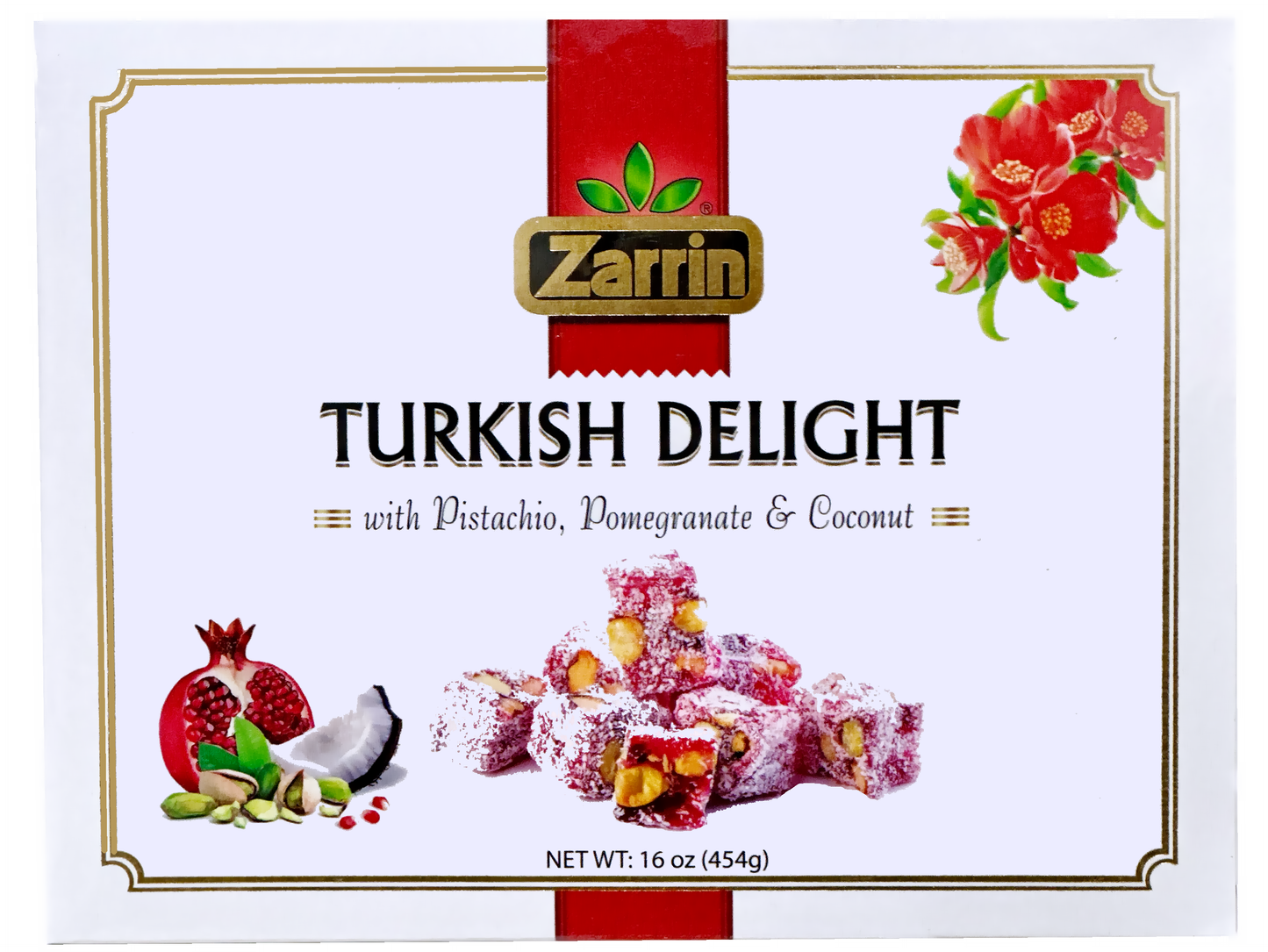 Turkish Delight With Pistachio & Pomegranate & Coconut - 16 Oz (Baslogh, Basloogh, Baslough, Locum, Lokum)