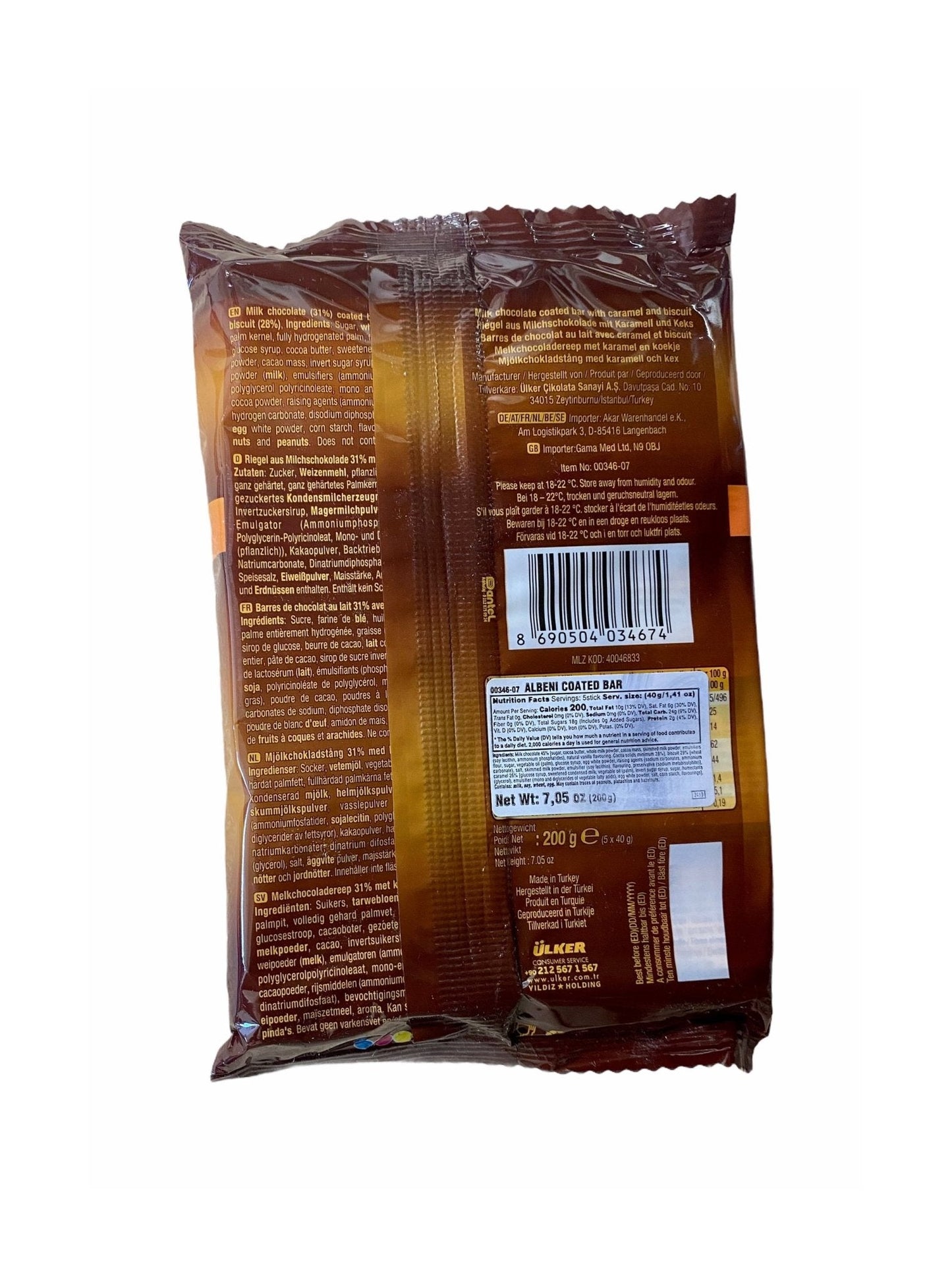 Albeni Milk Chocolate Coated Bar - Caramel and Biscuit - 5 Packs