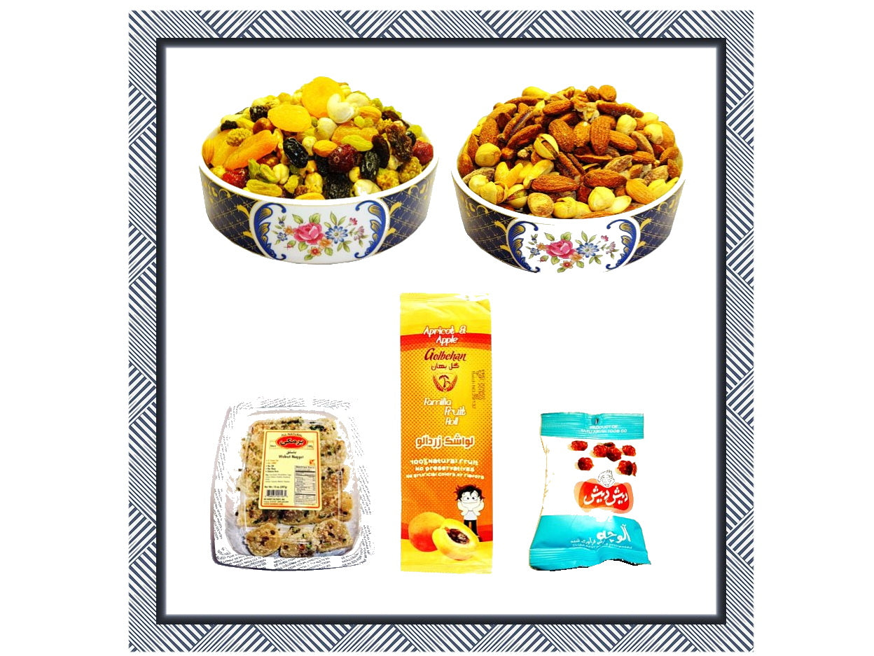 Nuts & Dried Package Deal - Sweet Nuts, Super Nuts, Baslogh, Lavashak, Dried Plums - Nuts, Dried Fruits, Persian Snacks
